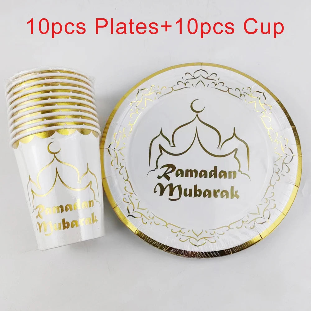 20 Stück/Packung Ramadan Mubarak 7-Zoll-Pappteller und 250-ml-Pappbecher für die Dekoration der Eid-Feier