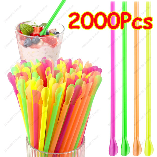 50–2000 Stück Getränkelöffel-Strohhalme, farbig, für Milchshakes und Smoothies, ideal für Partys, Bars und Geburtstage (Großhandel)