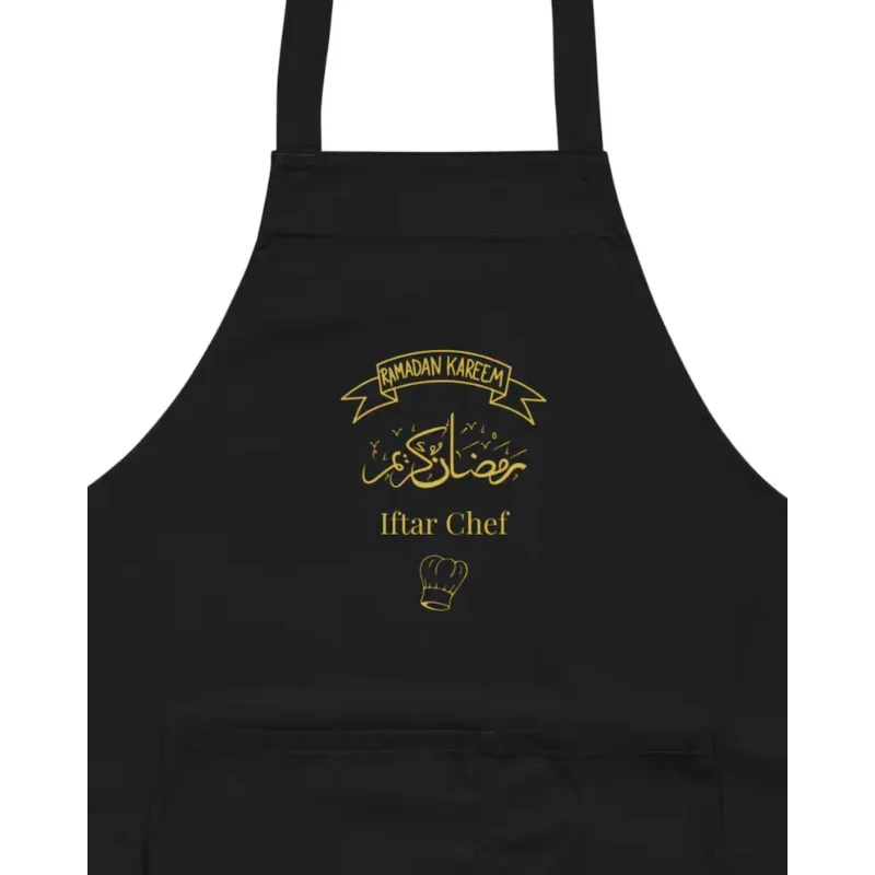Schwarze islamische Kochschürze für Ramadan und Iftar mit langen Trägern und verstellbarem Nackenband – ideales Geschenk zum Eid al-Fitr oder Ramadan – Dekoration für Zuhause und Küche