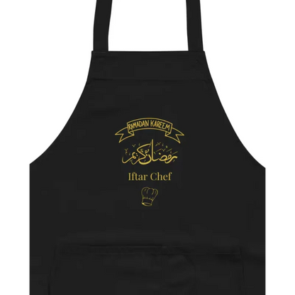 Schwarze islamische Kochschürze für Ramadan und Iftar mit langen Trägern und verstellbarem Nackenband – ideales Geschenk zum Eid al-Fitr oder Ramadan – Dekoration für Zuhause und Küche