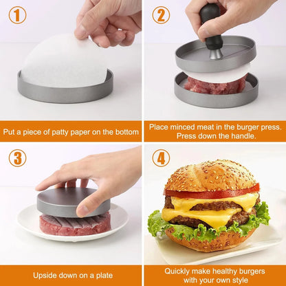 Burgerpresse mit Antihaftbeschichtung 🍔 – Aluminium Küchen- & Grillpresse inkl. Wachspapier