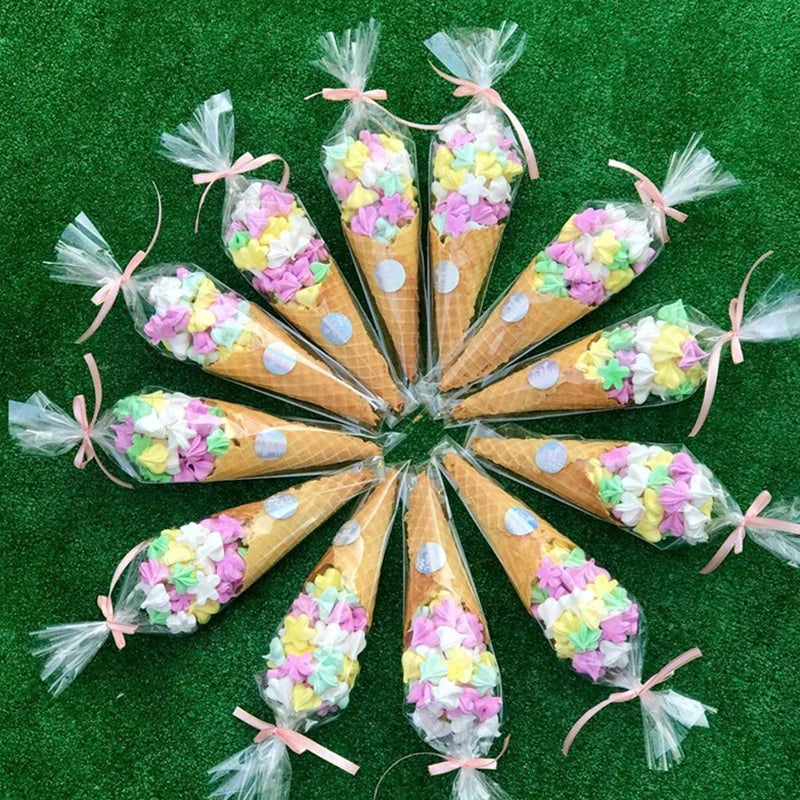50 Stück Transparente Kegel-Süßigkeitentüten 🍬 – Durchsichtige Tüten für Popcorn, Candy Bar, Babyparty & Hochzeit