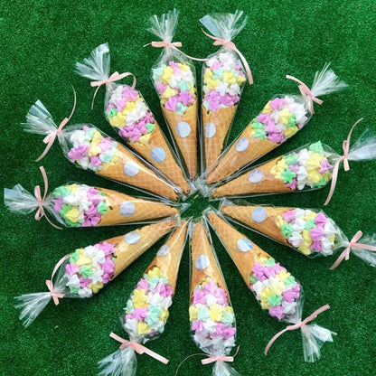 50 Stück Transparente Kegel-Süßigkeitentüten 🍬 – Durchsichtige Tüten für Popcorn, Candy Bar, Babyparty & Hochzeit