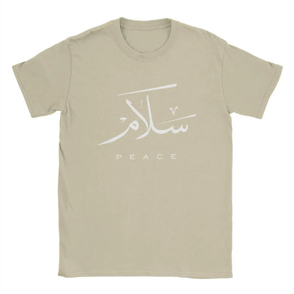 Friedens-T-Shirts mit moderner arabischer Kalligrafie, Herren-T-Shirts aus 100 % Baumwolle, Rundhalsausschnitt, Gruß zum Eid-Fest, islamische Kunst-T-Shirts, Kurzarm-Tops