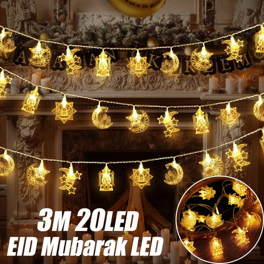 10–20 LED-Lichterkette 2026 Eid Mubarak Ramadan Dekorationen für Zuhause Mond Stern Burg Laterne Ramadan Außendekoration