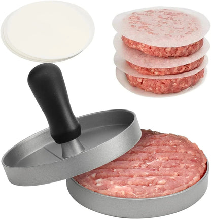 Burgerpresse mit Antihaftbeschichtung 🍔 – Aluminium Küchen- & Grillpresse inkl. Wachspapier