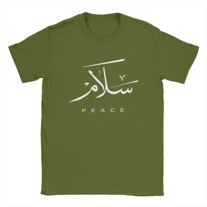 Friedens-T-Shirts mit moderner arabischer Kalligrafie, Herren-T-Shirts aus 100 % Baumwolle, Rundhalsausschnitt, Gruß zum Eid-Fest, islamische Kunst-T-Shirts, Kurzarm-Tops