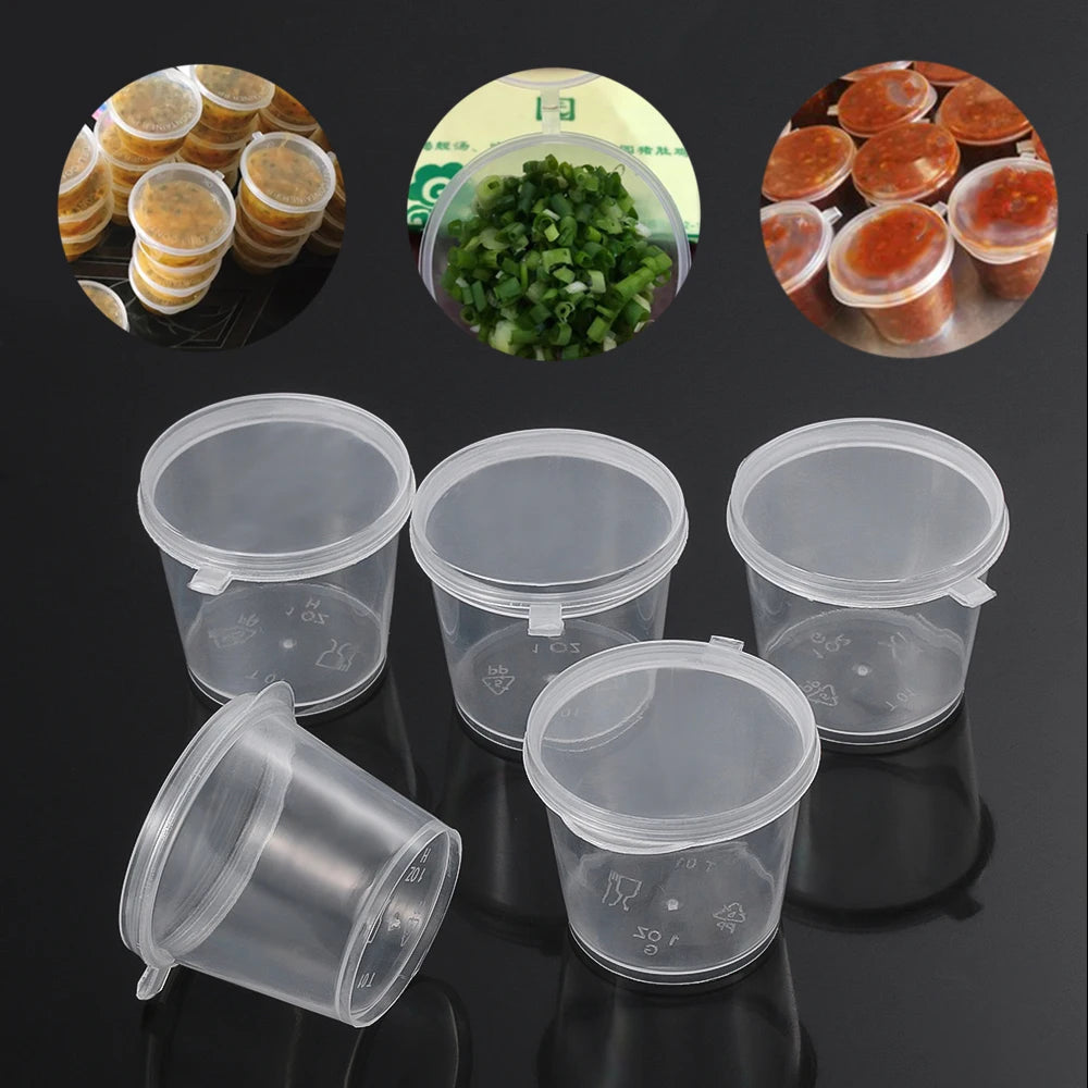25 Stück Einweg-Saucenbecher 🍱 – 25/45 ml Kunststoffbehälter mit Klappdeckel für Take-Away & Dips