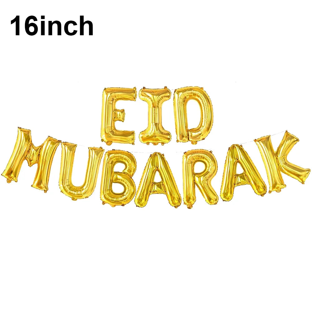 Eid Mubarak Ballonbanner 🎈 – Mond & Stern Ballons mit islamischer Architektur für Ramadan & Eid Dekoration