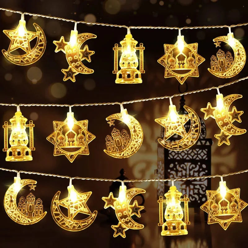 10–20 LED-Lichterkette 2026 Eid Mubarak Ramadan Dekorationen für Zuhause Mond Stern Burg Laterne Ramadan Außendekoration