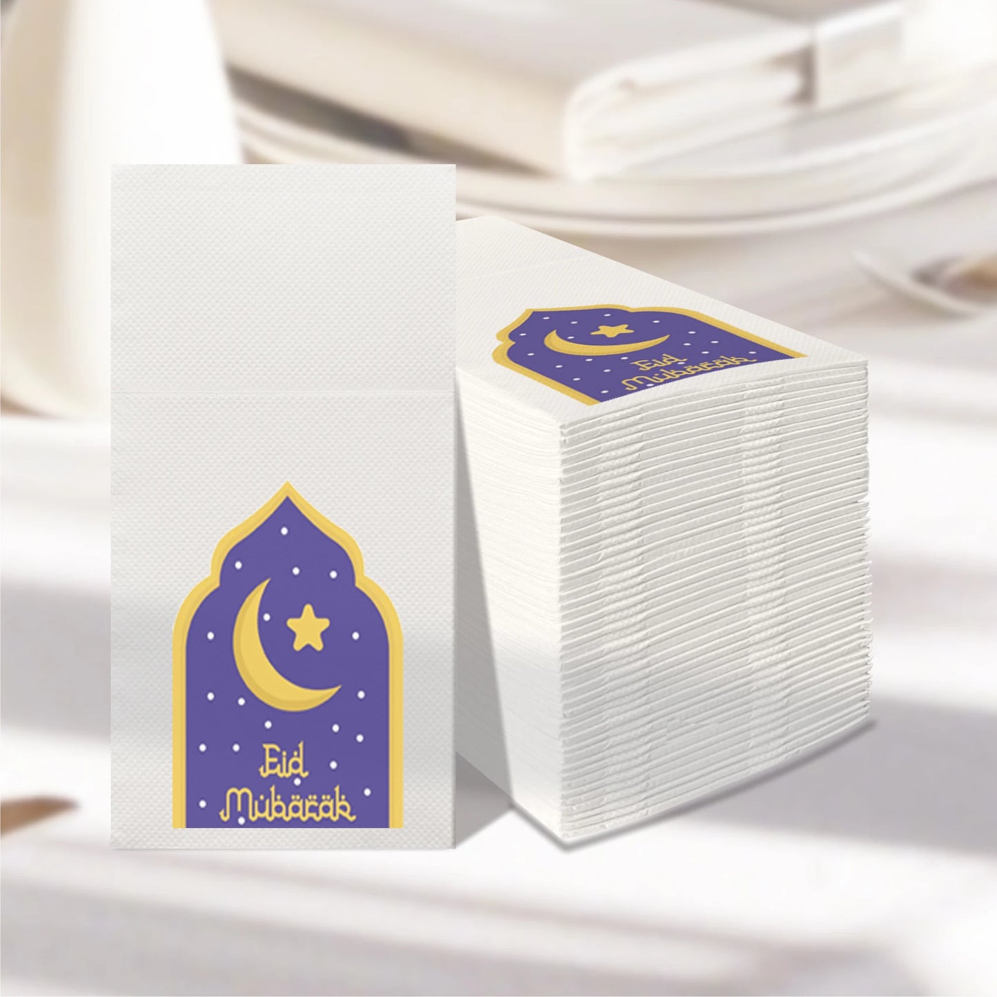 Ramadan Mubarak Weiße, vorgefaltete Servietten, 40 x 40 cm, mit integrierter Bestecktasche, Einweg, für Partys und Cafés