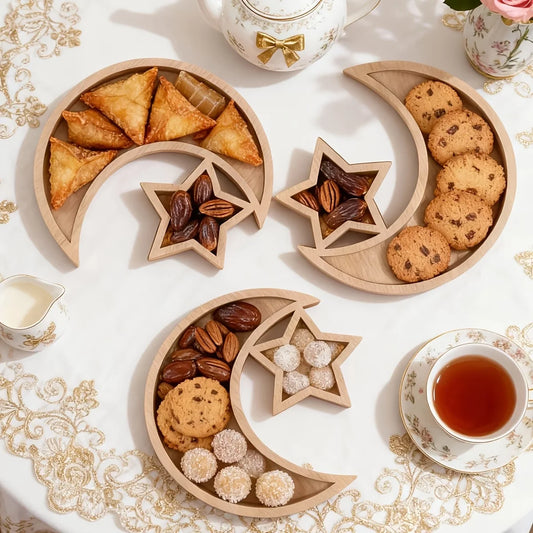 Ramadan-Tablett aus Holz mit Mond und Sternen, Dessertteller, islamische muslimische Feiertagsdekoration für Zuhause, Geburtstagsfeier, Festival