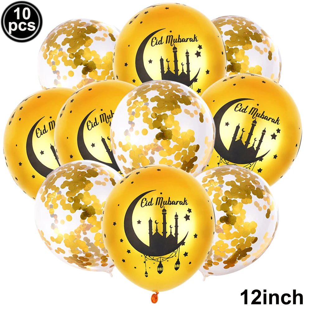 Eid Mubarak Ballonbanner 🎈 – Mond & Stern Ballons mit islamischer Architektur für Ramadan & Eid Dekoration