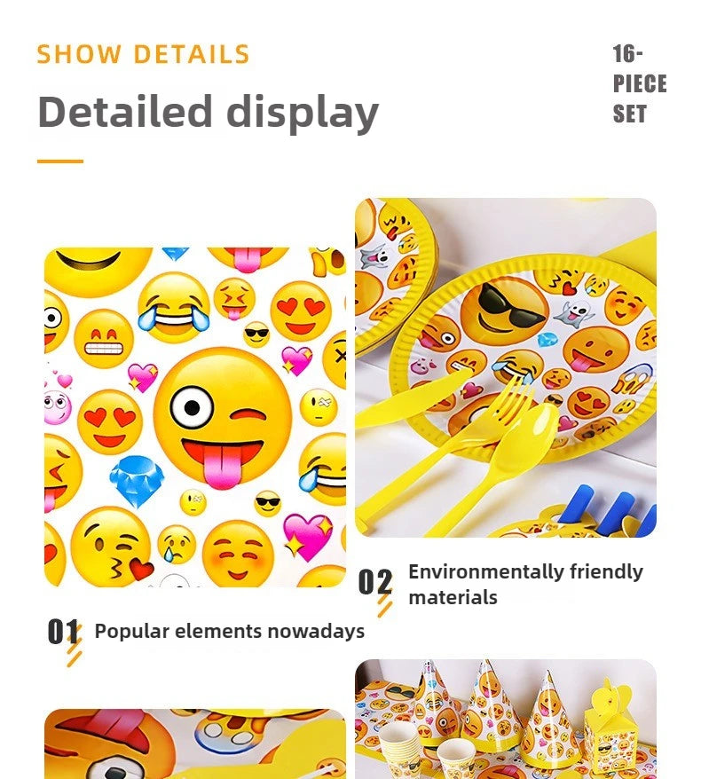 136-teiliges Emoji-Partygeschirr-Set mit lächelnden Gesichtern, Pappbecher und -teller, Einweggeschirr für Geburtstage, Feste und Feiern, Partydekoration