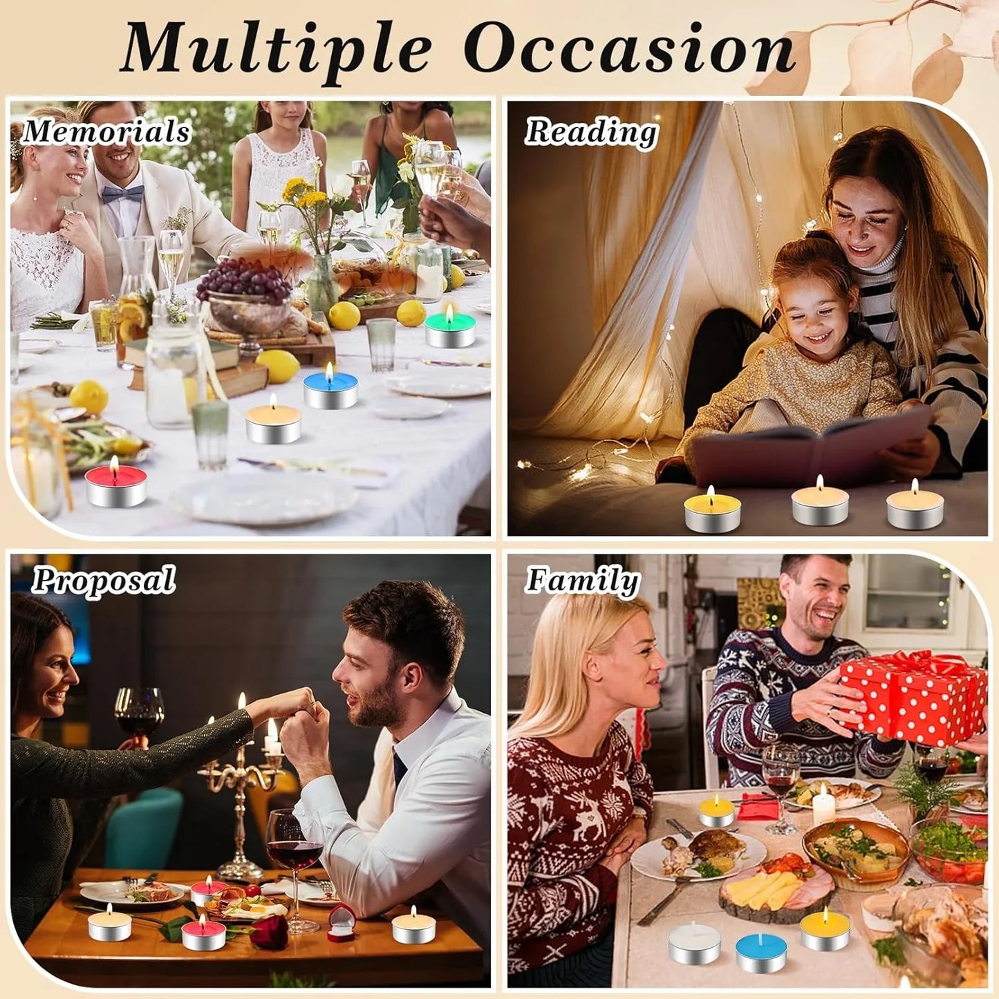 50 Teelichter in verschiedenen Ausführungen, Paraffinkerzen in verschiedenen Farben, ideal für Partys, Hochzeiten und Feste, Tischdekoration