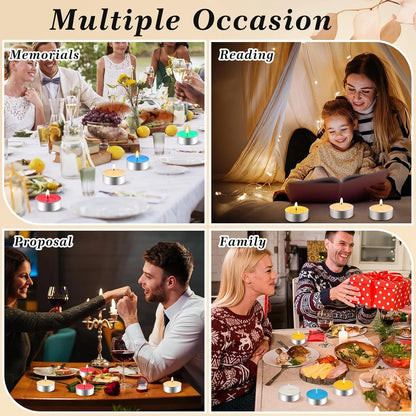 50 Teelichter in verschiedenen Ausführungen, Paraffinkerzen in verschiedenen Farben, ideal für Partys, Hochzeiten und Feste, Tischdekoration