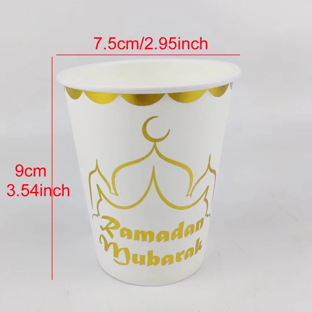 20 Stück/Packung Ramadan Mubarak 7-Zoll-Pappteller und 250-ml-Pappbecher für die Dekoration der Eid-Feier