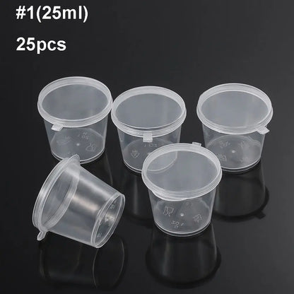 25 Stück Einweg-Saucenbecher 🍱 – 25/45 ml Kunststoffbehälter mit Klappdeckel für Take-Away & Dips