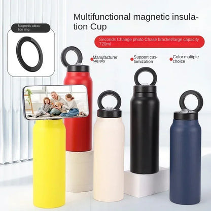 Isolierte Sport-Trinkflasche mit magnetischer Handyhalterung und integriertem Ständer – perfekt für Fitnessstudio, Outdoor-Abenteuer und Reisen.