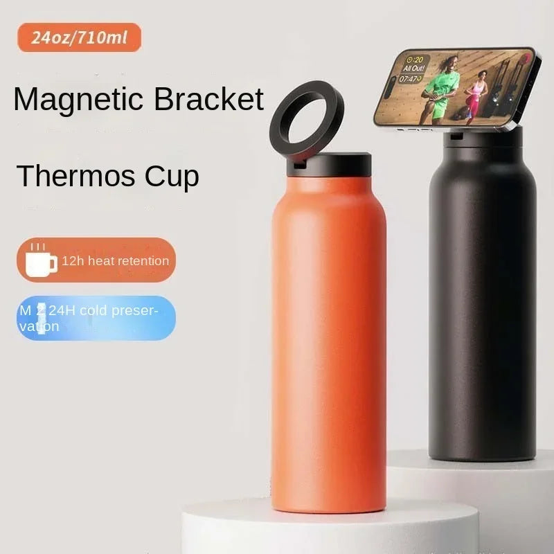 Isolierte Sport-Trinkflasche mit magnetischer Handyhalterung und integriertem Ständer – perfekt für Fitnessstudio, Outdoor-Abenteuer und Reisen.