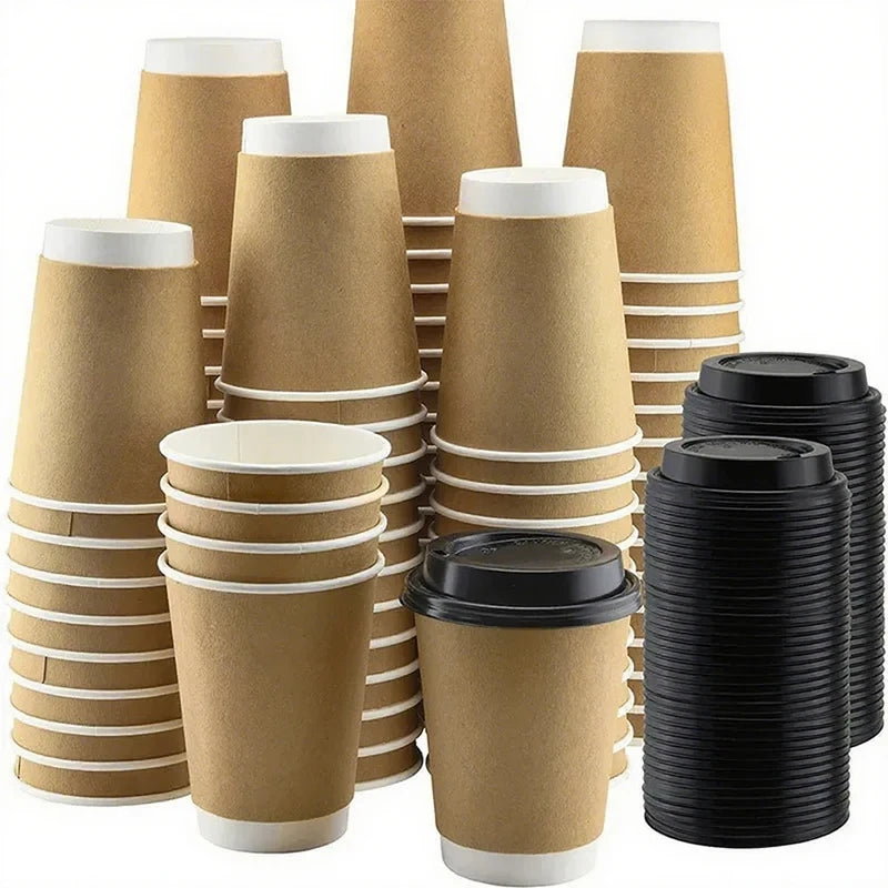 8–16oz Einweg-Kaffeebecher ☕ – Doppelwandige Kraftpapier-Becher mit Deckel für Heiß- & Kaltgetränke To-Go