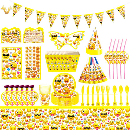 136-teiliges Emoji-Partygeschirr-Set mit lächelnden Gesichtern, Pappbecher und -teller, Einweggeschirr für Geburtstage, Feste und Feiern, Partydekoration