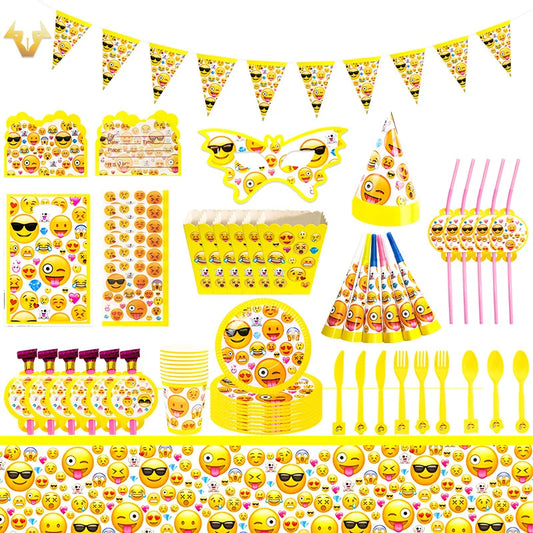 136-teiliges Emoji-Partygeschirr-Set mit lächelnden Gesichtern, Pappbecher und -teller, Einweggeschirr für Geburtstage, Feste und Feiern, Partydekoration