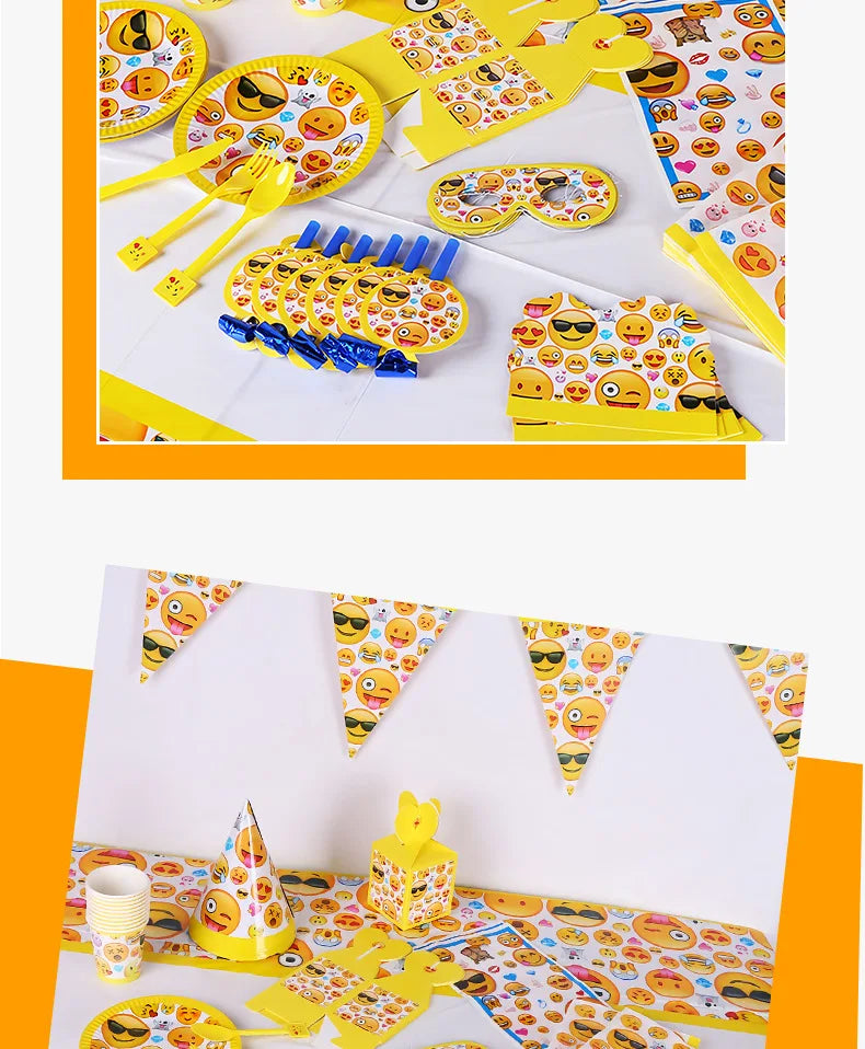 136-teiliges Emoji-Partygeschirr-Set mit lächelnden Gesichtern, Pappbecher und -teller, Einweggeschirr für Geburtstage, Feste und Feiern, Partydekoration
