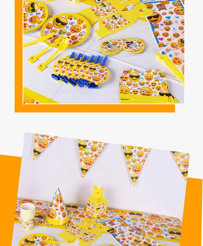 136-teiliges Emoji-Partygeschirr-Set mit lächelnden Gesichtern, Pappbecher und -teller, Einweggeschirr für Geburtstage, Feste und Feiern, Partydekoration