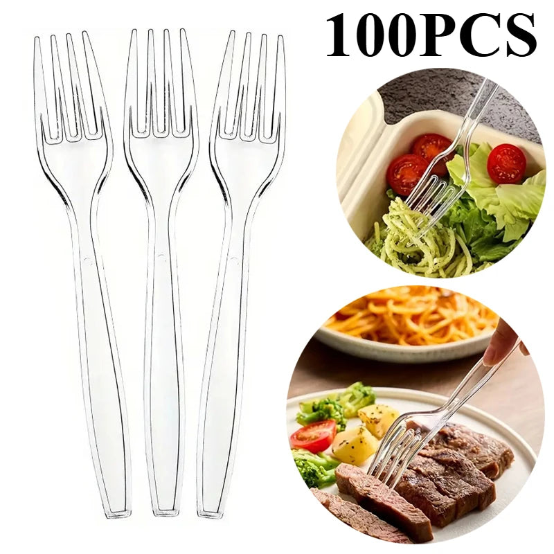 100 Stück/Packung Transparente Einweggabeln aus Kunststoff für Partys, Picknicks, Geburtstagsfeiern, Kuchen, Obst und Desserts