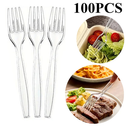100 Stück/Packung Transparente Einweggabeln aus Kunststoff für Partys, Picknicks, Geburtstagsfeiern, Kuchen, Obst und Desserts