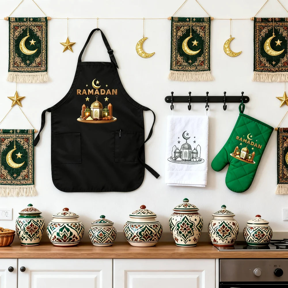 Schwarze Ramadan-Mubarak-Schürze 2026 für muslimische Mütter, Großmütter, Tanten und Ehefrauen – Geschenkidee für Al-Adha Islam Kareem und Familienfeiern