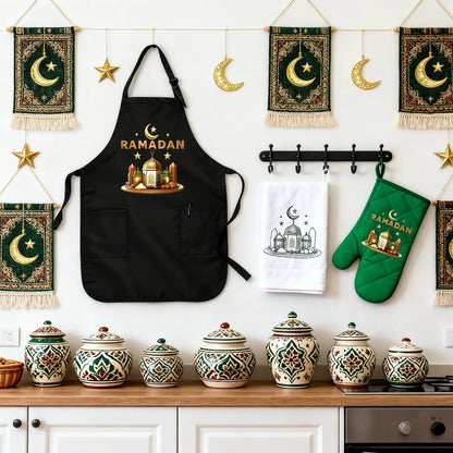 Schwarze Ramadan-Mubarak-Schürze 2026 für muslimische Mütter, Großmütter, Tanten und Ehefrauen – Geschenkidee für Al-Adha Islam Kareem und Familienfeiern