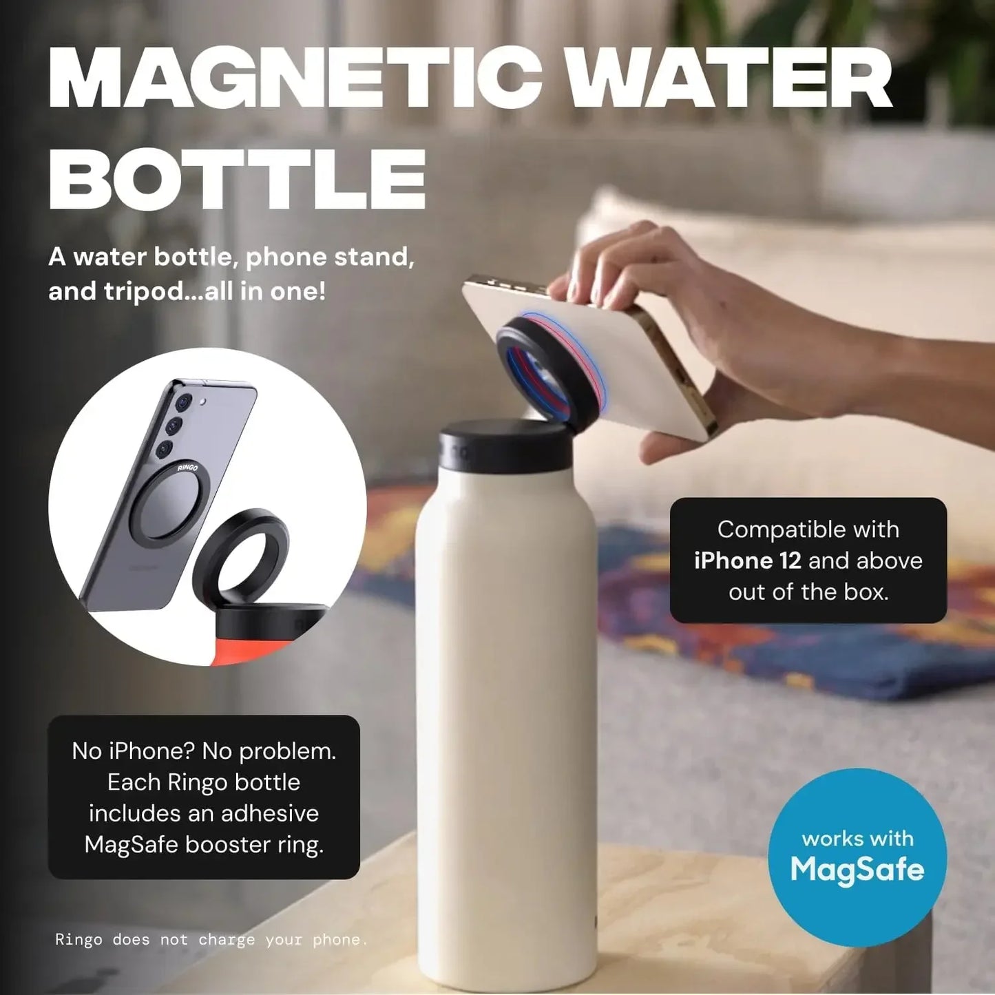 Isolierte Sport-Trinkflasche mit magnetischer Handyhalterung und integriertem Ständer – perfekt für Fitnessstudio, Outdoor-Abenteuer und Reisen.
