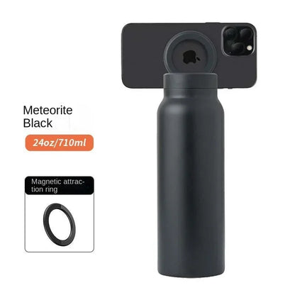 Isolierte Sport-Trinkflasche mit magnetischer Handyhalterung und integriertem Ständer – perfekt für Fitnessstudio, Outdoor-Abenteuer und Reisen.