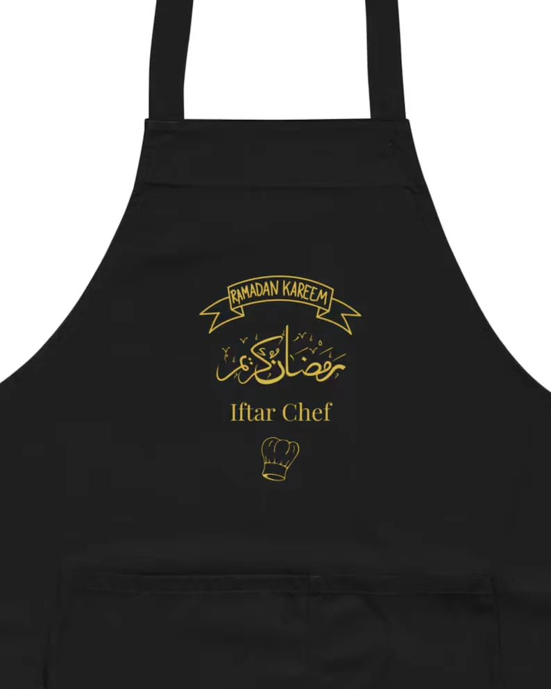 Schwarze islamische Kochschürze für Ramadan und Iftar mit langen Trägern und verstellbarem Nackenband – ideales Geschenk zum Eid al-Fitr oder Ramadan – Dekoration für Zuhause und Küche