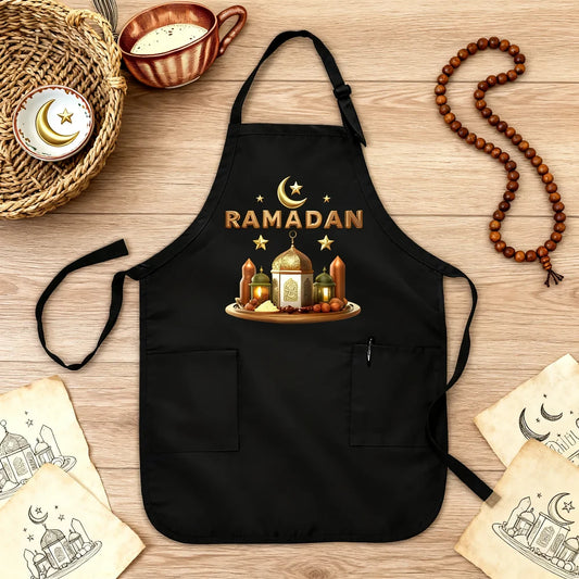 Schwarze Ramadan-Mubarak-Schürze 2026 für muslimische Mütter, Großmütter, Tanten und Ehefrauen – Geschenkidee für Al-Adha Islam Kareem und Familienfeiern