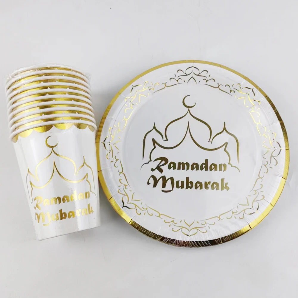 20 Stück/Packung Ramadan Mubarak 7-Zoll-Pappteller und 250-ml-Pappbecher für die Dekoration der Eid-Feier