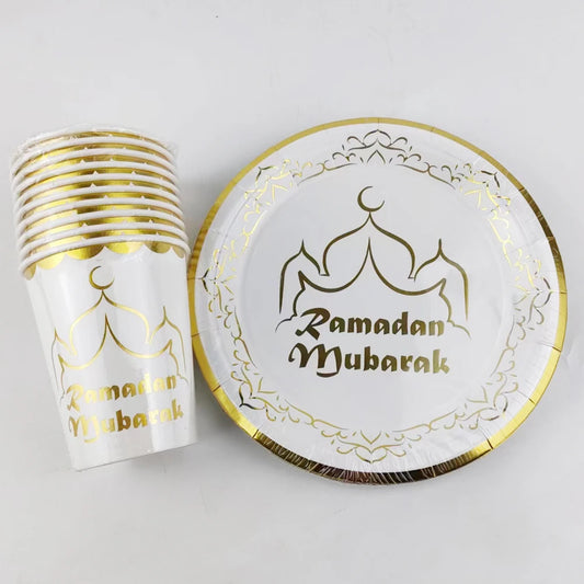 20 Stück/Packung Ramadan Mubarak 7-Zoll-Pappteller und 250-ml-Pappbecher für die Dekoration der Eid-Feier
