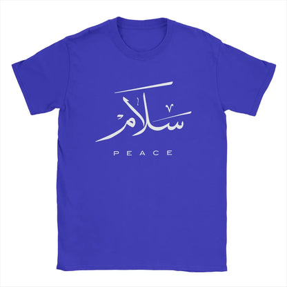 Friedens-T-Shirts mit moderner arabischer Kalligrafie, Herren-T-Shirts aus 100 % Baumwolle, Rundhalsausschnitt, Gruß zum Eid-Fest, islamische Kunst-T-Shirts, Kurzarm-Tops