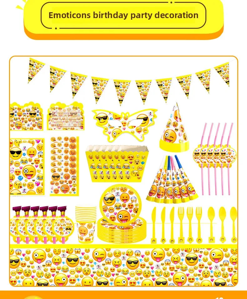 136-teiliges Emoji-Partygeschirr-Set mit lächelnden Gesichtern, Pappbecher und -teller, Einweggeschirr für Geburtstage, Feste und Feiern, Partydekoration