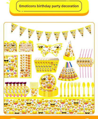 136-teiliges Emoji-Partygeschirr-Set mit lächelnden Gesichtern, Pappbecher und -teller, Einweggeschirr für Geburtstage, Feste und Feiern, Partydekoration