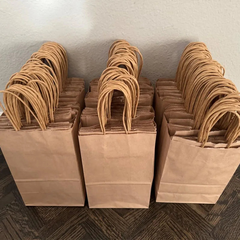 Kraft-Papiertüten mit Griffen, recycelbare Takeaway-Brot- und Kraftüte, braune Papier-Geschenktüte für kleine Unternehmen, Geburtstag, Hochzeit, Party