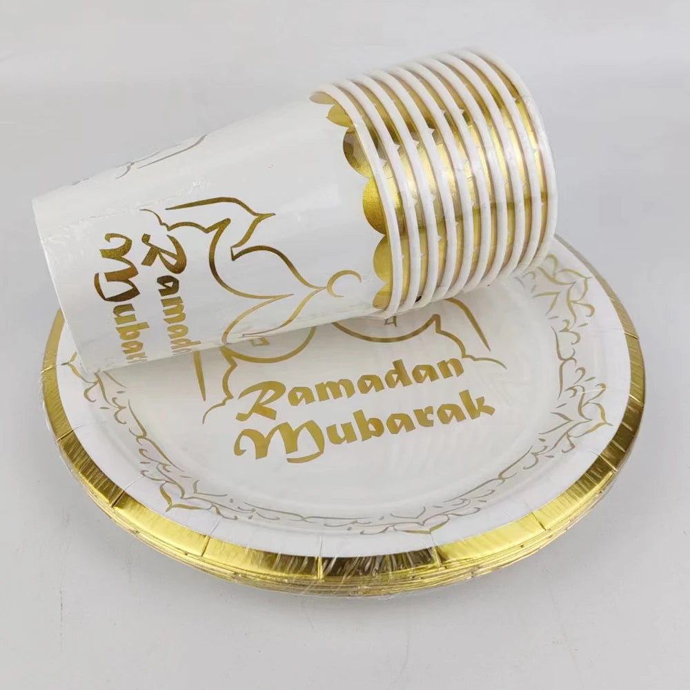 20 Stück/Packung Ramadan Mubarak 7-Zoll-Pappteller und 250-ml-Pappbecher für die Dekoration der Eid-Feier
