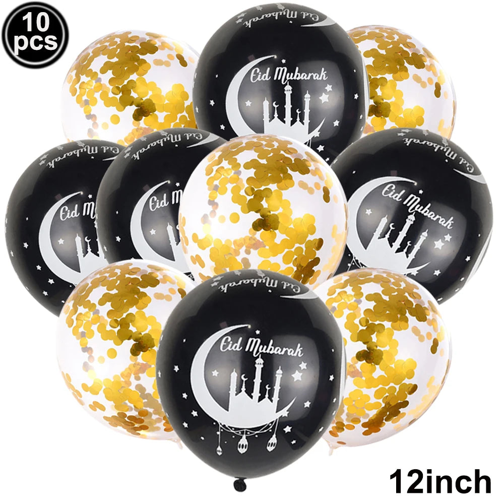 Eid Mubarak Ballonbanner 🎈 – Mond & Stern Ballons mit islamischer Architektur für Ramadan & Eid Dekoration
