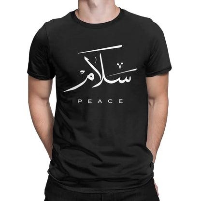 Friedens-T-Shirts mit moderner arabischer Kalligrafie, Herren-T-Shirts aus 100 % Baumwolle, Rundhalsausschnitt, Gruß zum Eid-Fest, islamische Kunst-T-Shirts, Kurzarm-Tops