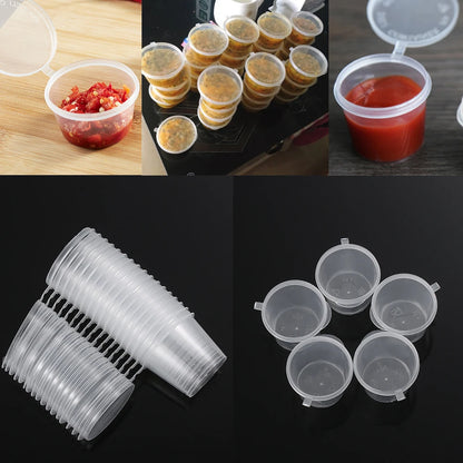 25 Stück Einweg-Saucenbecher 🍱 – 25/45 ml Kunststoffbehälter mit Klappdeckel für Take-Away & Dips