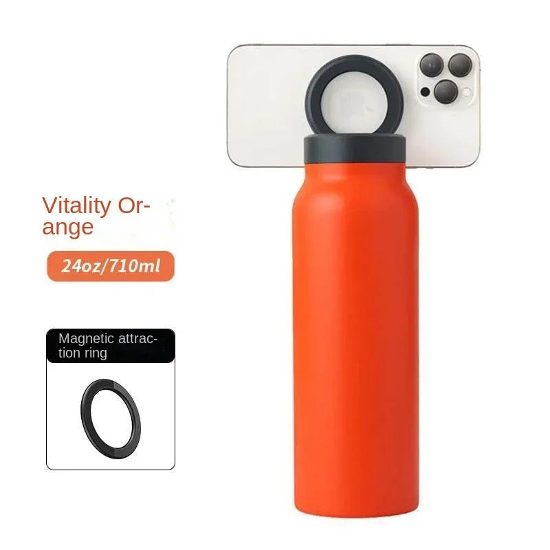 Isolierte Sport-Trinkflasche mit magnetischer Handyhalterung und integriertem Ständer – perfekt für Fitnessstudio, Outdoor-Abenteuer und Reisen.