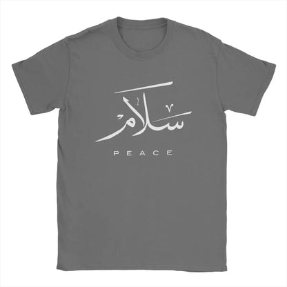 Friedens-T-Shirts mit moderner arabischer Kalligrafie, Herren-T-Shirts aus 100 % Baumwolle, Rundhalsausschnitt, Gruß zum Eid-Fest, islamische Kunst-T-Shirts, Kurzarm-Tops