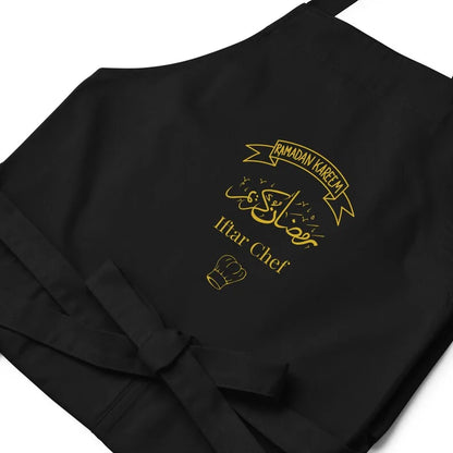 Schwarze islamische Kochschürze für Ramadan und Iftar mit langen Trägern und verstellbarem Nackenband – ideales Geschenk zum Eid al-Fitr oder Ramadan – Dekoration für Zuhause und Küche